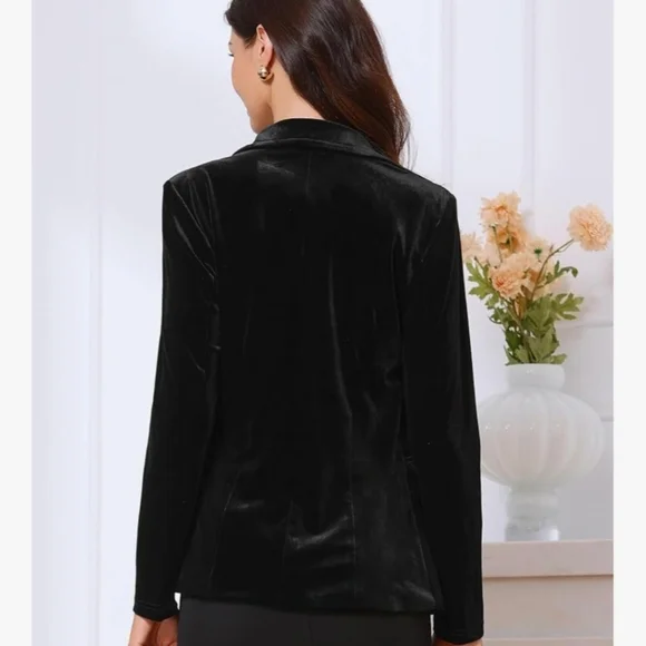 Allegra K Black Velvet Tailored Notch-Lapel Blazer. W-28 - Picture 3 of 7
